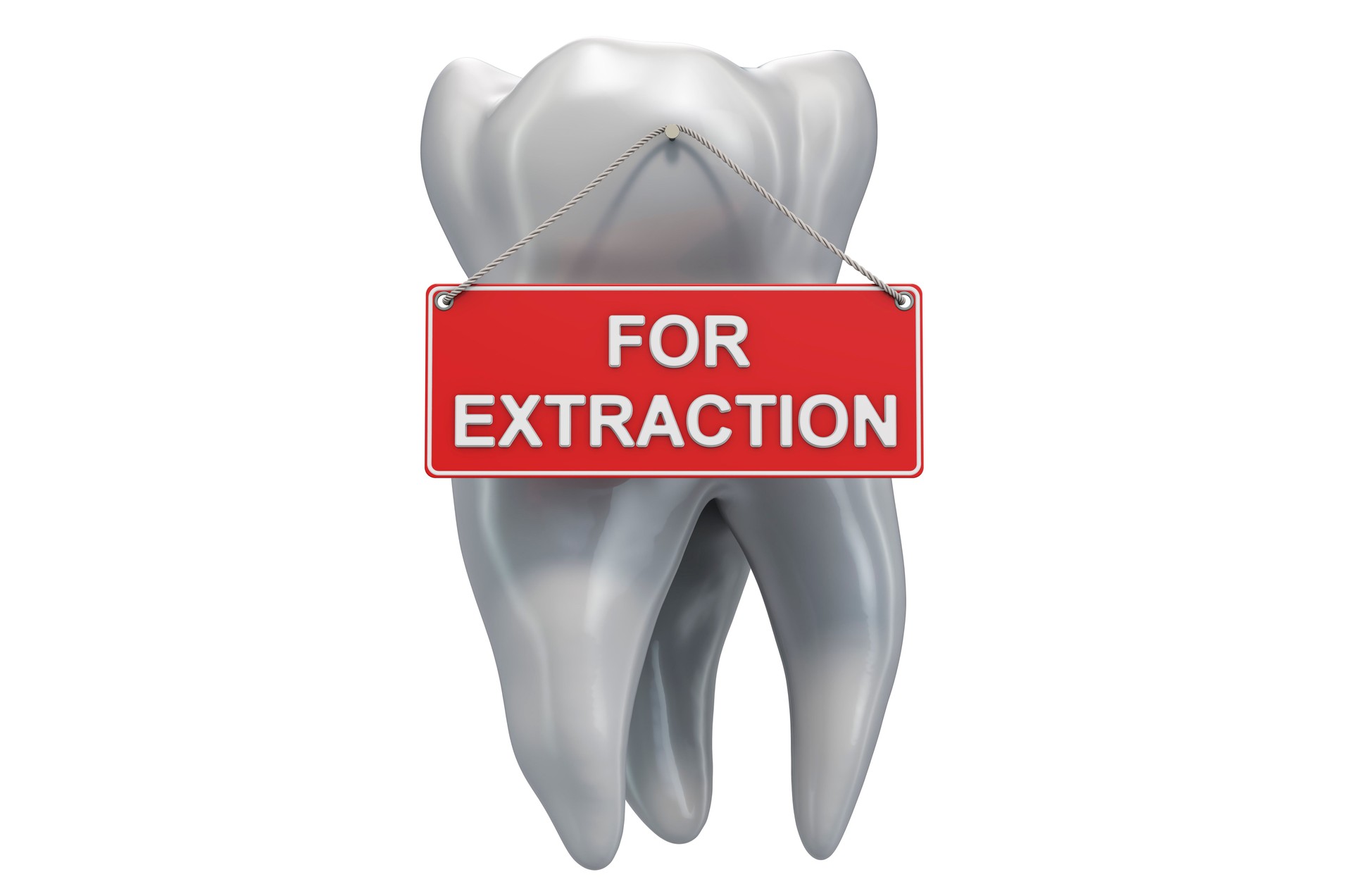Dental extraction concept. Tooth with For Extraction hanging sign, 3D rendering